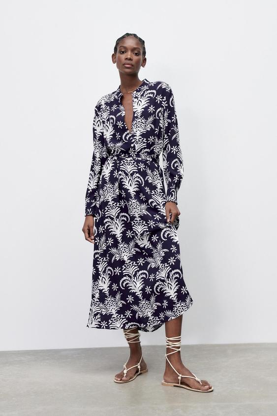 PRINTED DRESS WITH BELT - Blue | ZARA 