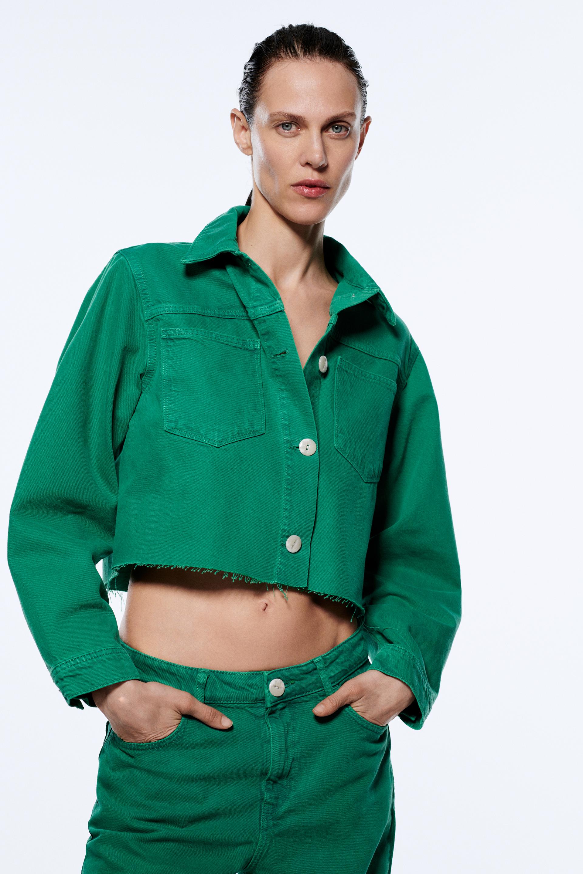CROPPED DENIM JACKET - GREEN | ZARA 