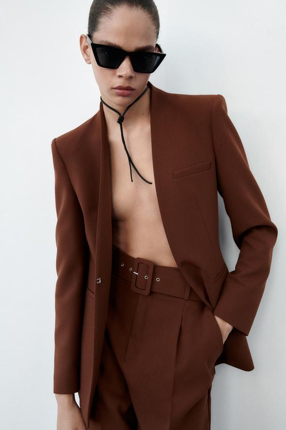 BLAZER LARGA SOLAPA INVERTIDA - Marrón | ZARA Chile