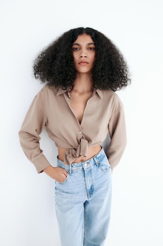 CROPPED SHIRT WITH KNOT - camel | ZARA 