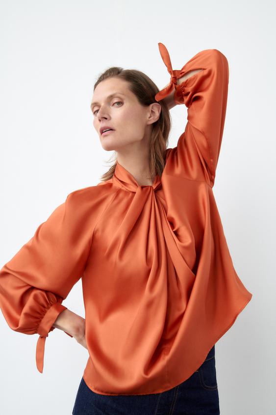 CAMISA SATINADA NUDO - Naranja quemado | ZARA Chile