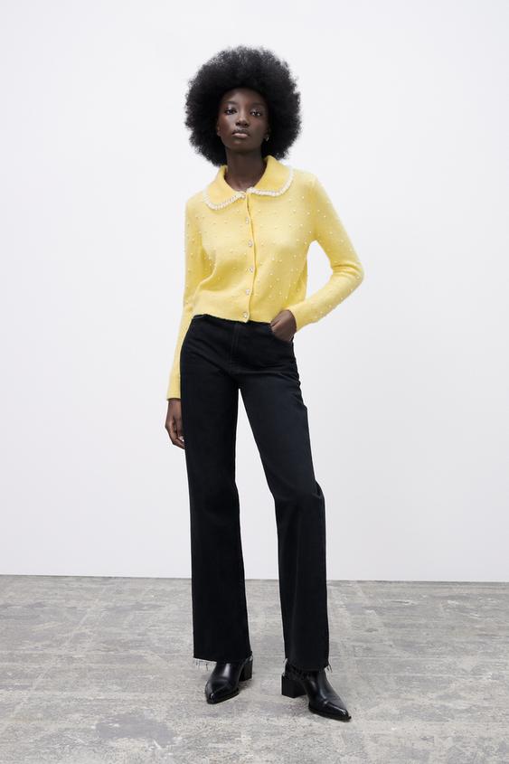 CHAQUETA PUNTO APLICACIÓN PERLAS - Amarillo | ZARA Chile