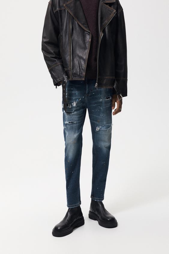 SKINNY JEANS WITH PAINT SPLATTER - Navy 