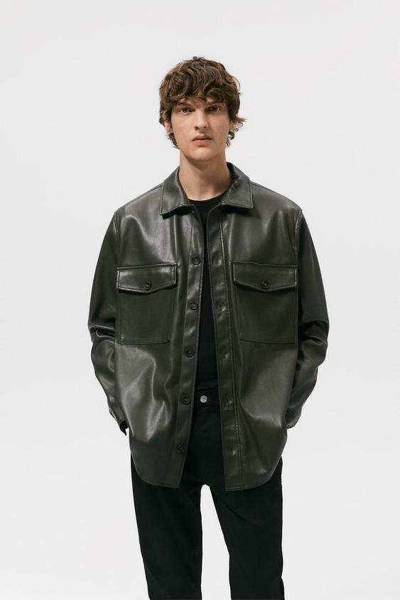 FAUX LEATHER OVERSHIRT - Olive green 