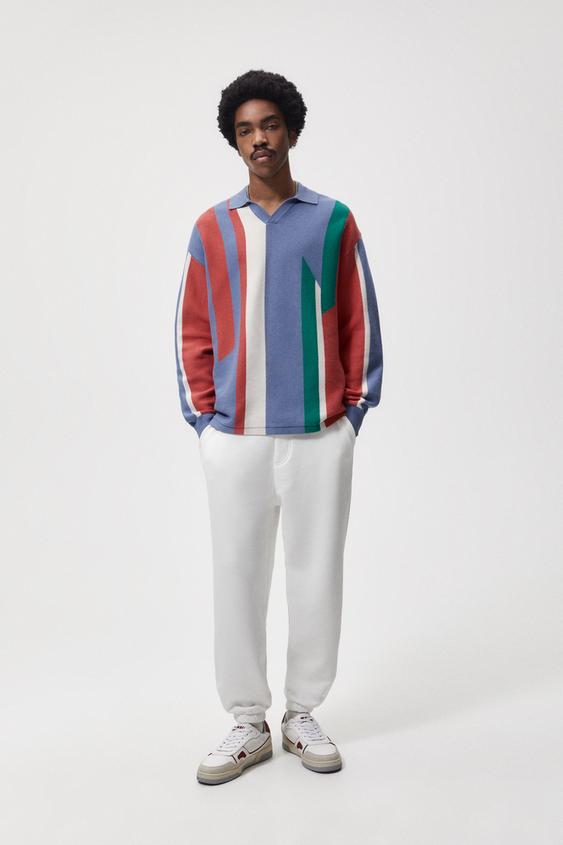 STRIPED KNIT POLO SHIRT - Faded navy 