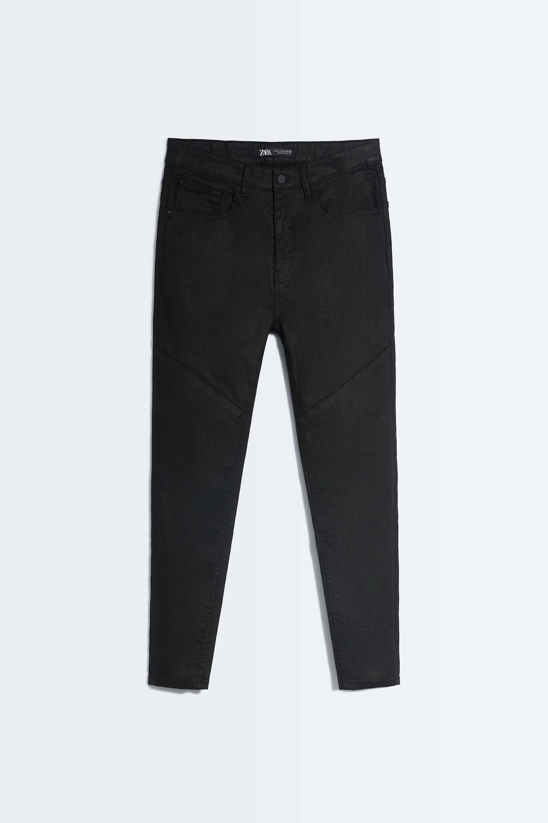 WAXED-EFFECT SKINNY TROUSERS - Black 