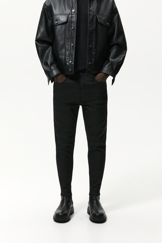 WAXED-EFFECT SKINNY TROUSERS - Black 