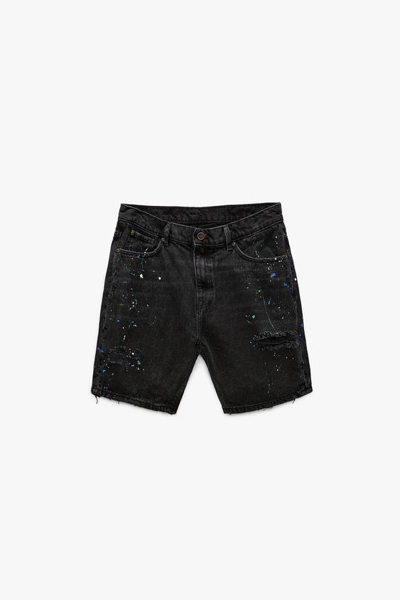 RIPPED DENIM BERMUDA SHORTS WITH PAINT SPLATTER - Charcoal | ZARA Australia