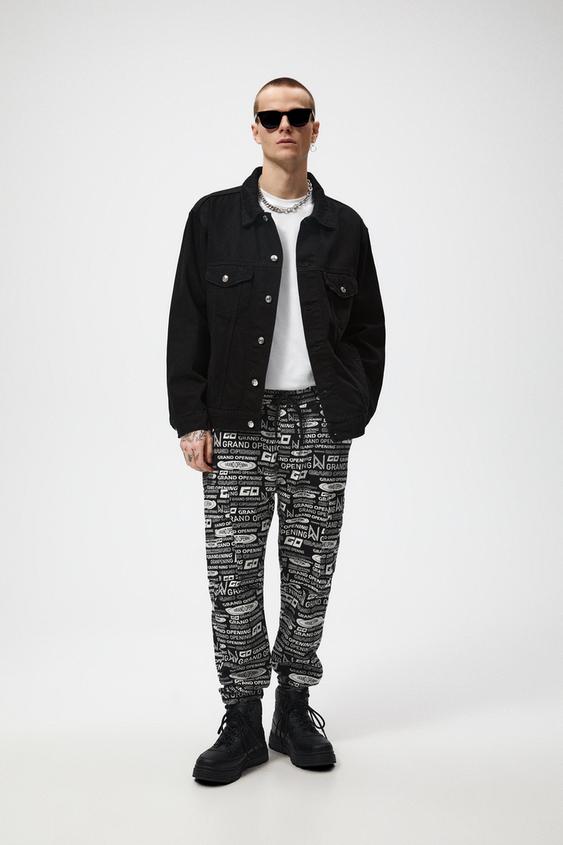 SLOGAN PRINT CARGO TROUSERS - Black 