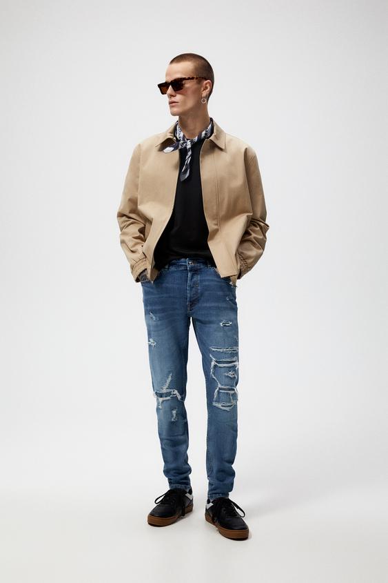 RIPPED SLIM FIT JEANS - Mid-blue | ZARA 
