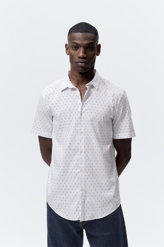 STRETCH GEOMETRIC PRINT SHIRT - White 