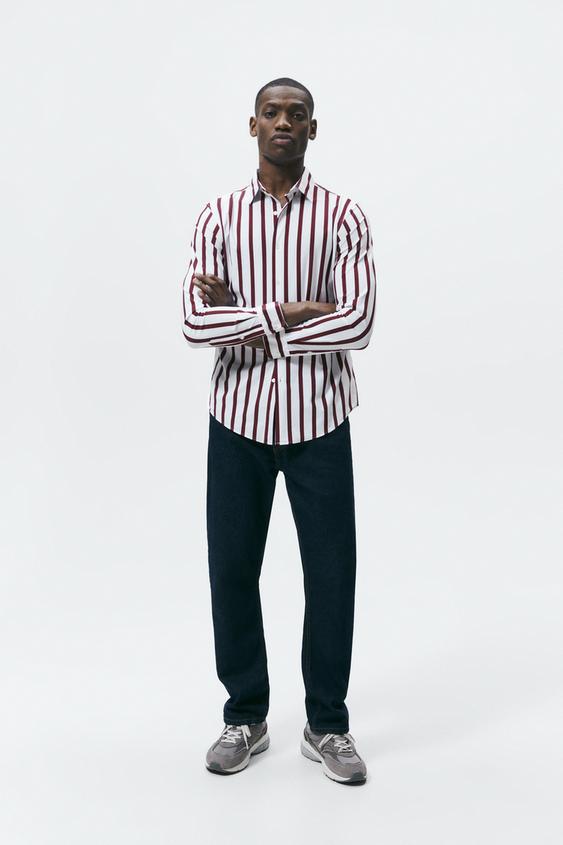 STRIPED STRETCH SHIRT - Maroon | ZARA 