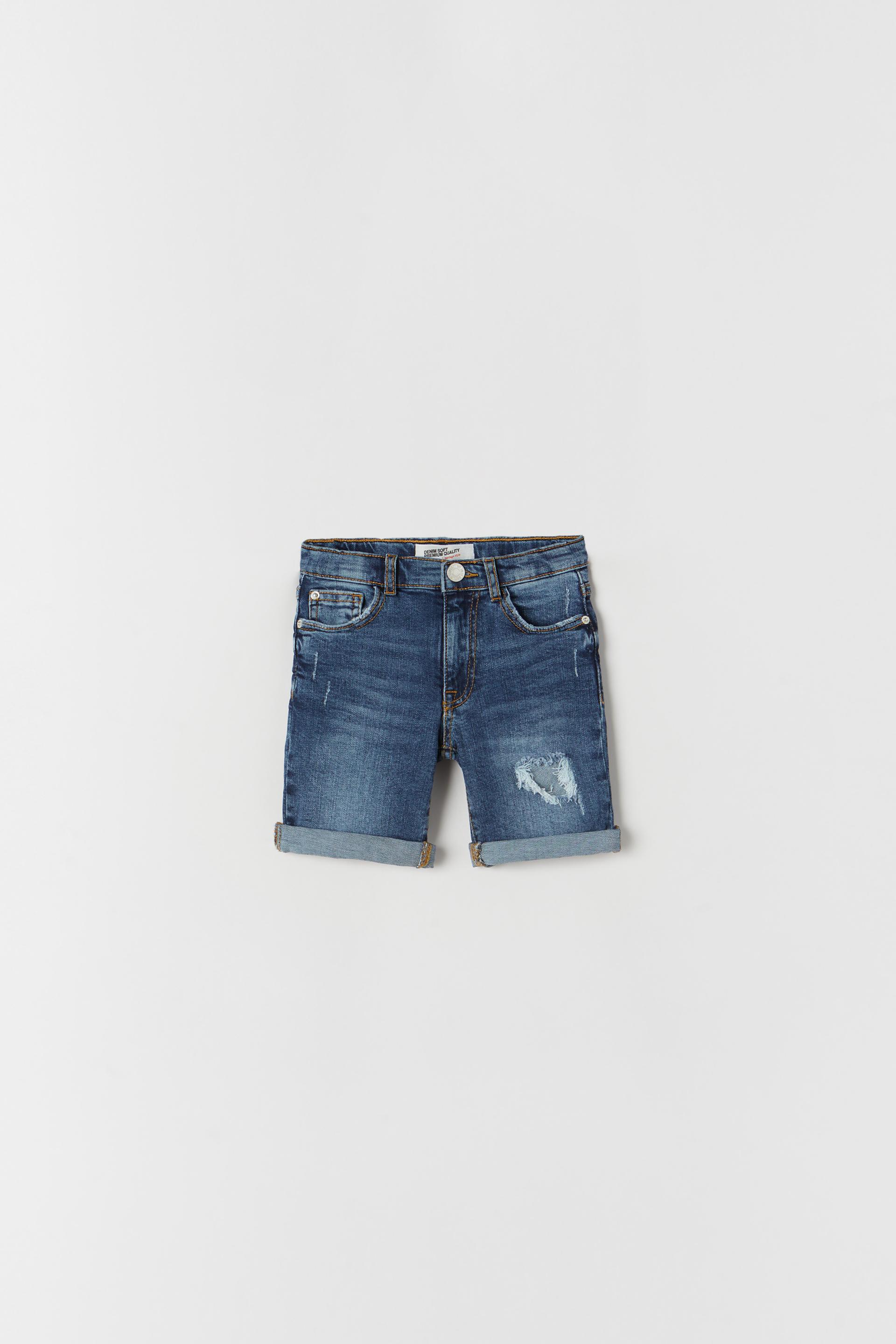 RIPPED DENIM BERMUDA SHORTS - Blue 