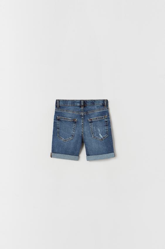 RIPPED DENIM BERMUDA SHORTS - Blue 