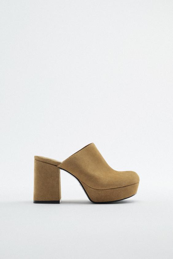 SPLIT SUEDE HEELED CLOGS - Brown | ZARA 