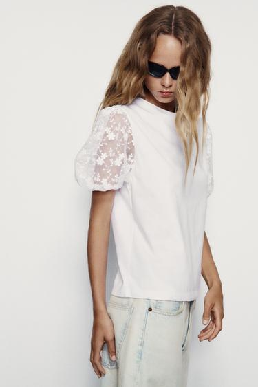 T-SHIRT MIT TÜLL-ÄRMELN - Weiß von Zara - Bild 4