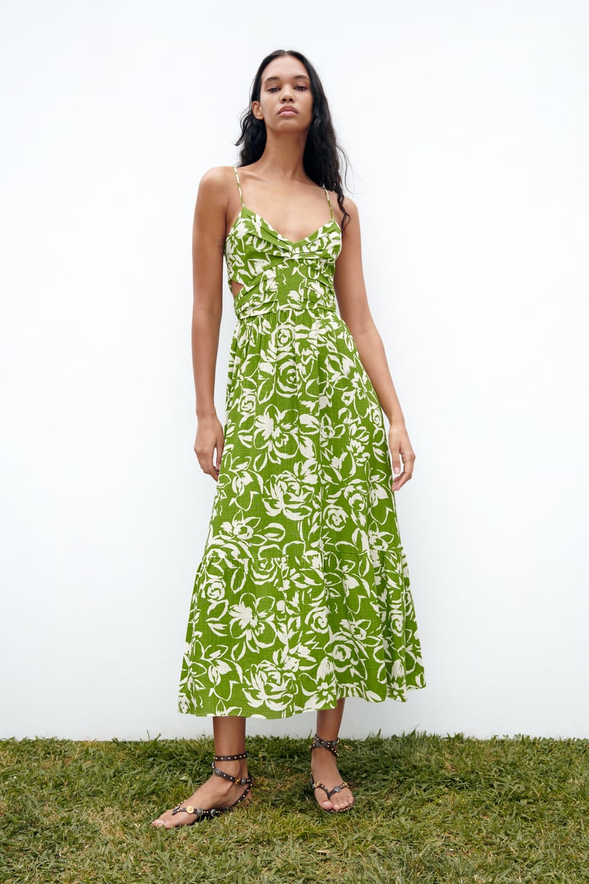Printed Midi Dress With Cut-Out Detail - Green / Ecru | Zara United Kingdom
