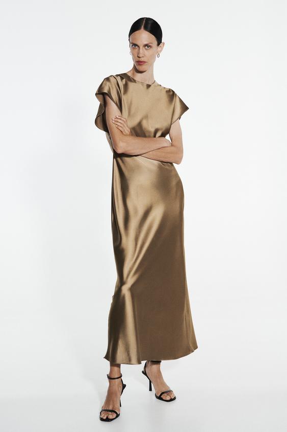 Gold satin dress zara Clearance