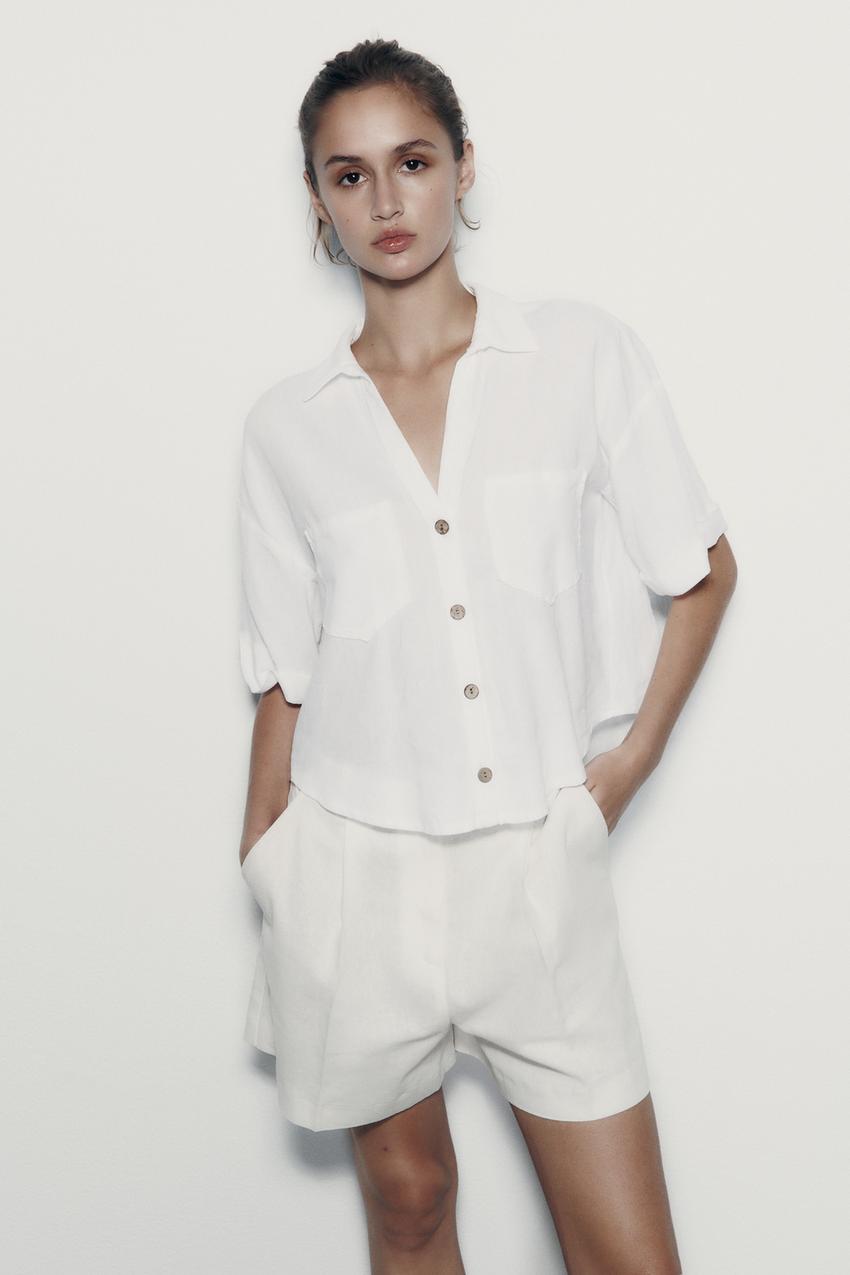 Zara women's white linen shirt Clearance