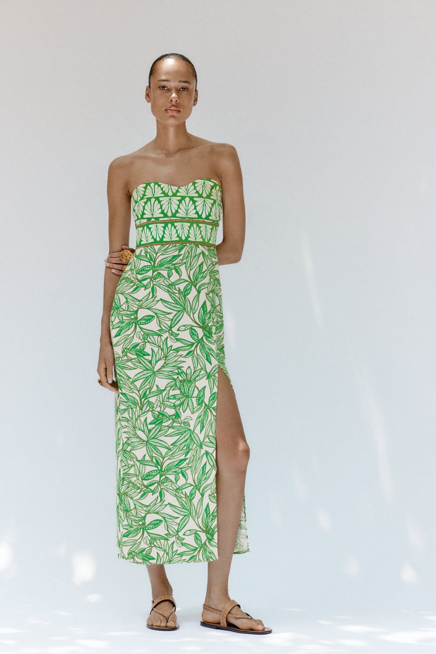 Strapless Printed Dress - Ecru / Green | Zara United Kingdom