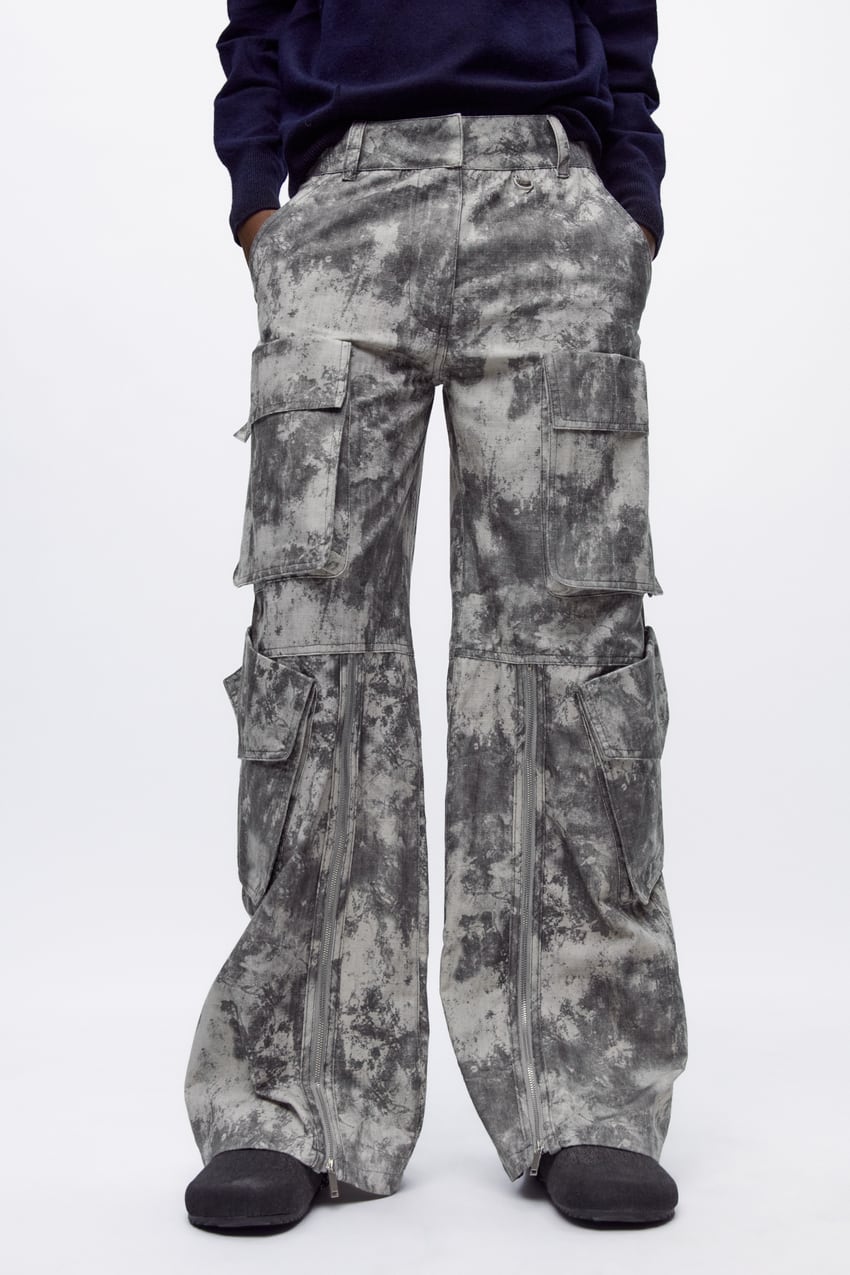 Zara - Printed Cargo Pants - Gray - Women