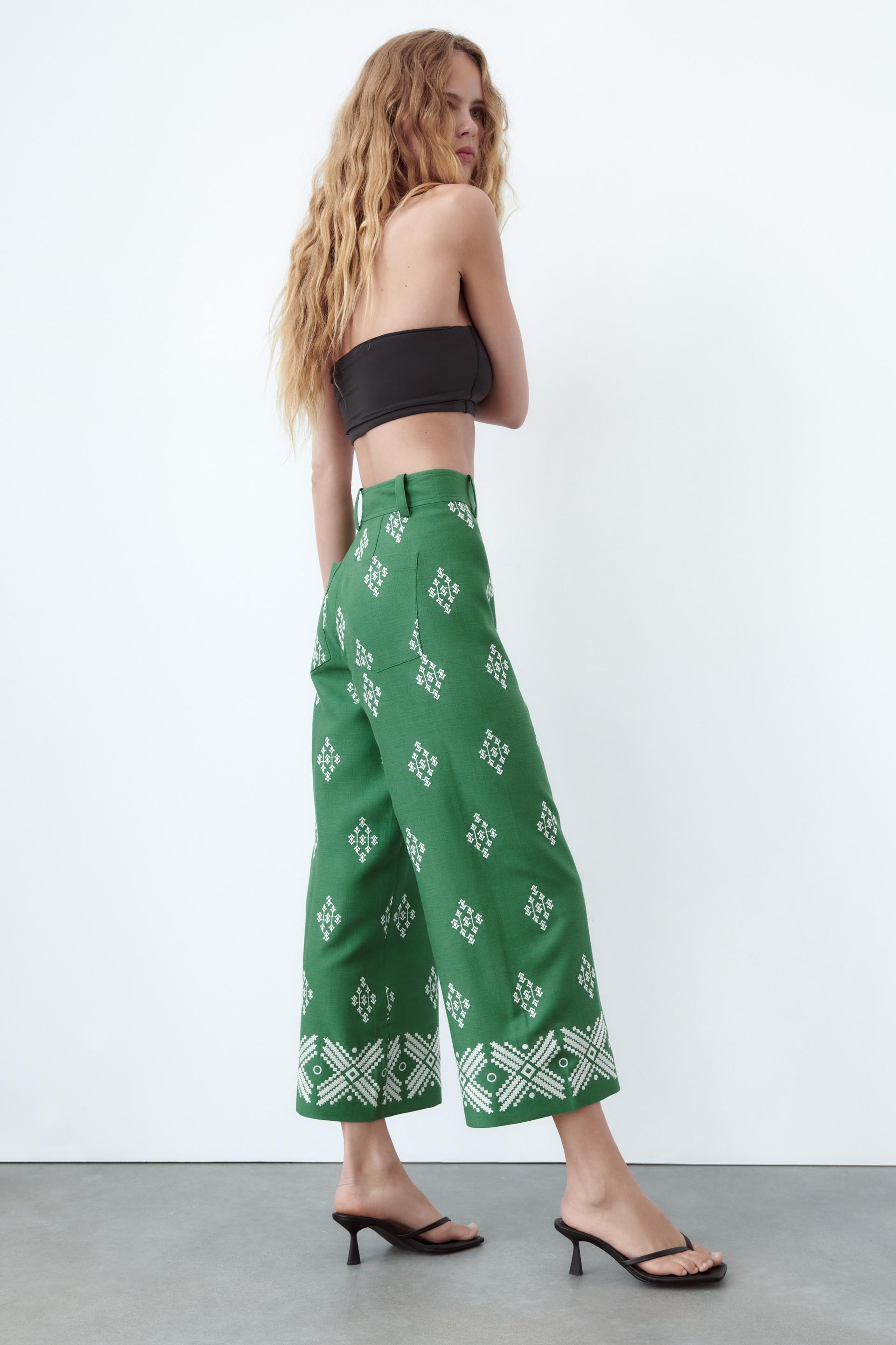 Zara green patterned trousers Clearance