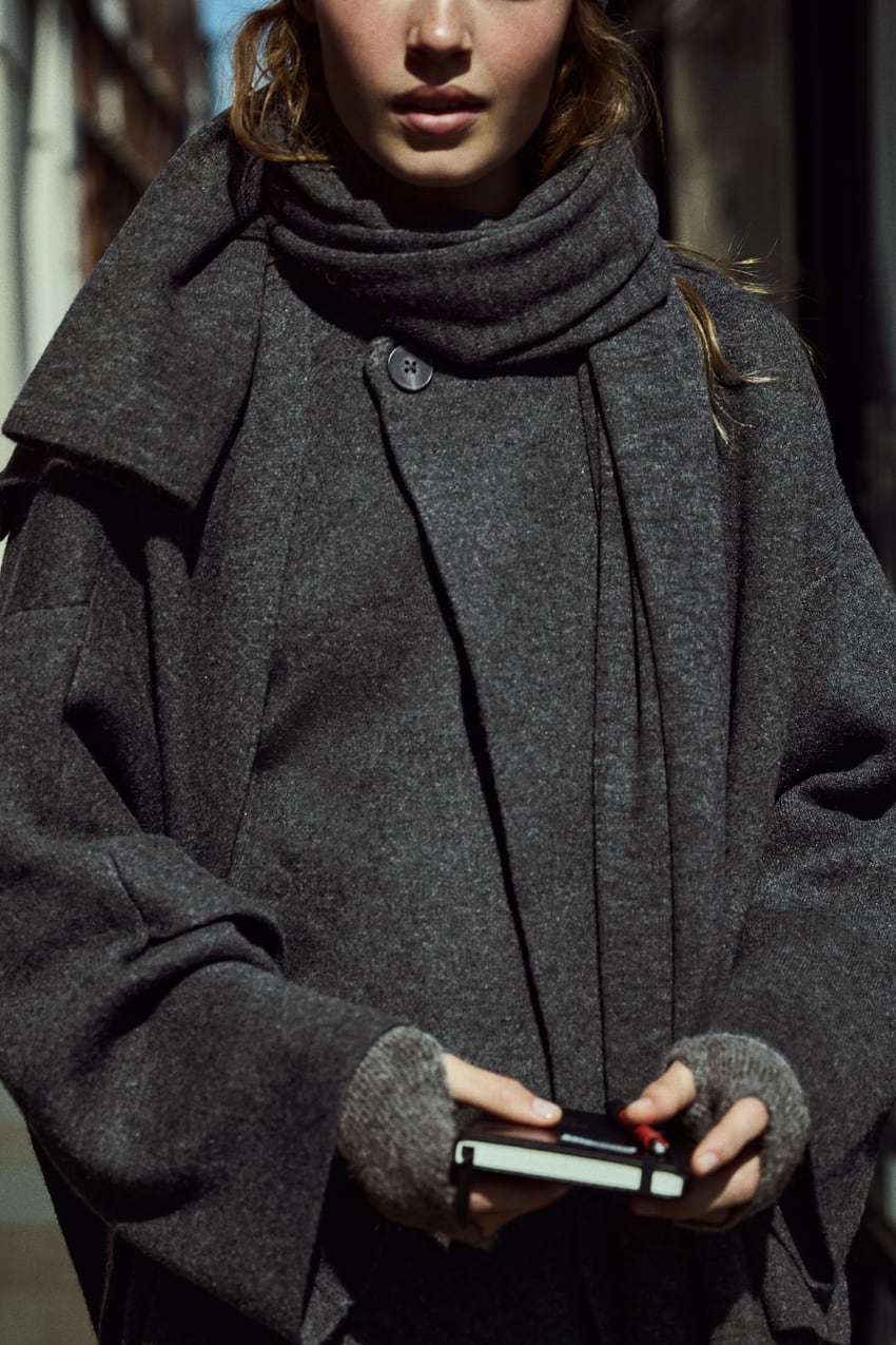 CROP KNIT COAT WITH ASYMMETRICAL SCARF - Gray