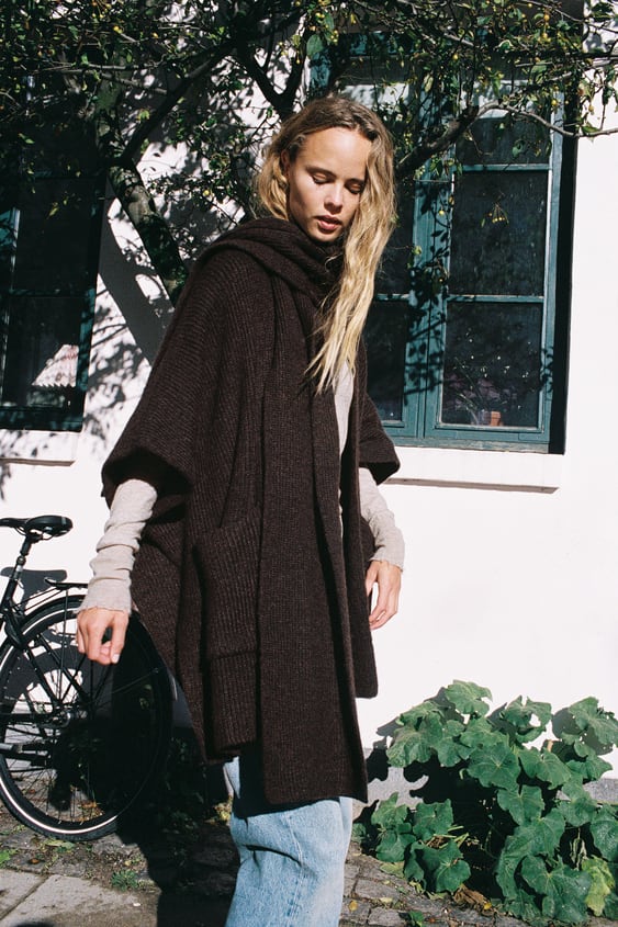 Zara 圍巾設計針織開襟衫 - 深棕色 - 圖片 1