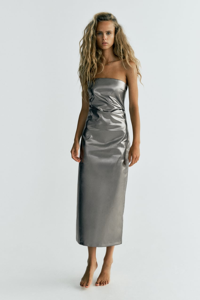 Zara - Metallic Strapless Dress - Steel - Women
