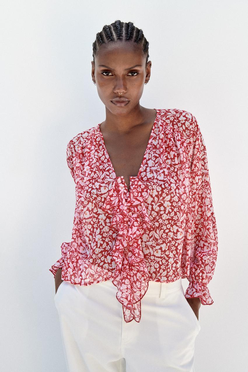 Zara printed ruffle blouse Outlet