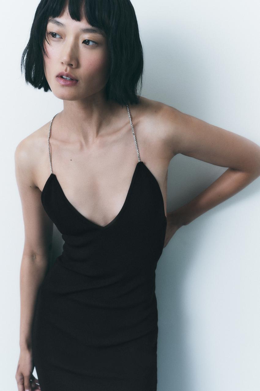 Zara black dress with rhinestone straps Clearance
