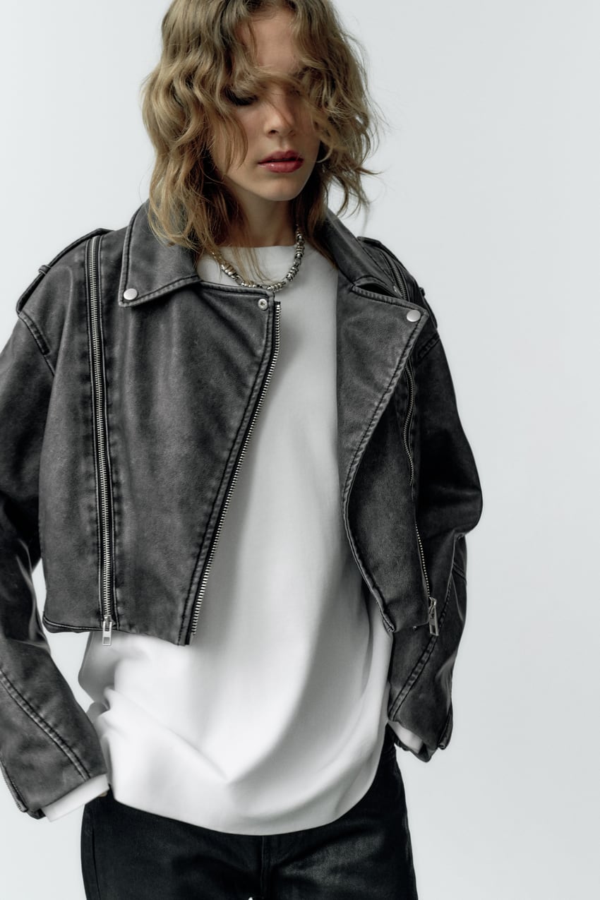Zara - Distressed Faux Leather Biker Jacket - Gray - Women