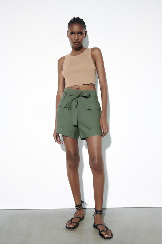 Zara green linen shorts Outlet