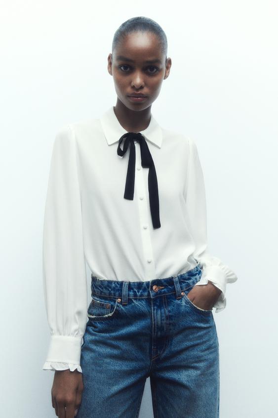 Image 1 of SHIRT WITH CONTRAST BOLO TIE from Zara