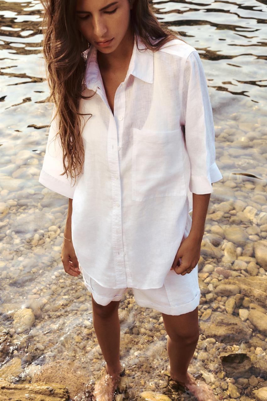 Zara women's white linen shirt Clearance