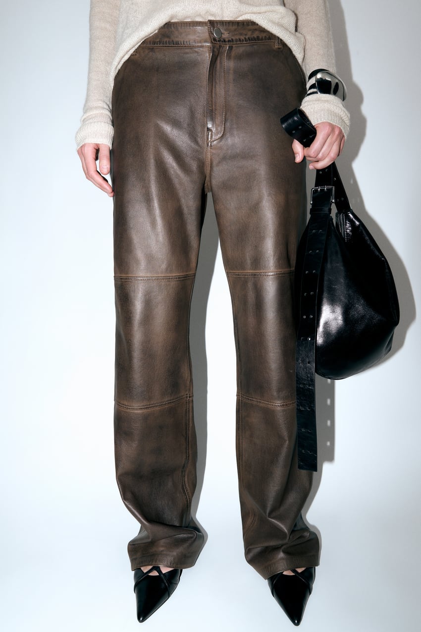ZW LEATHER COLLECTION STRAIGHT-LEG TROUSERS WITH POCKETS - Brown