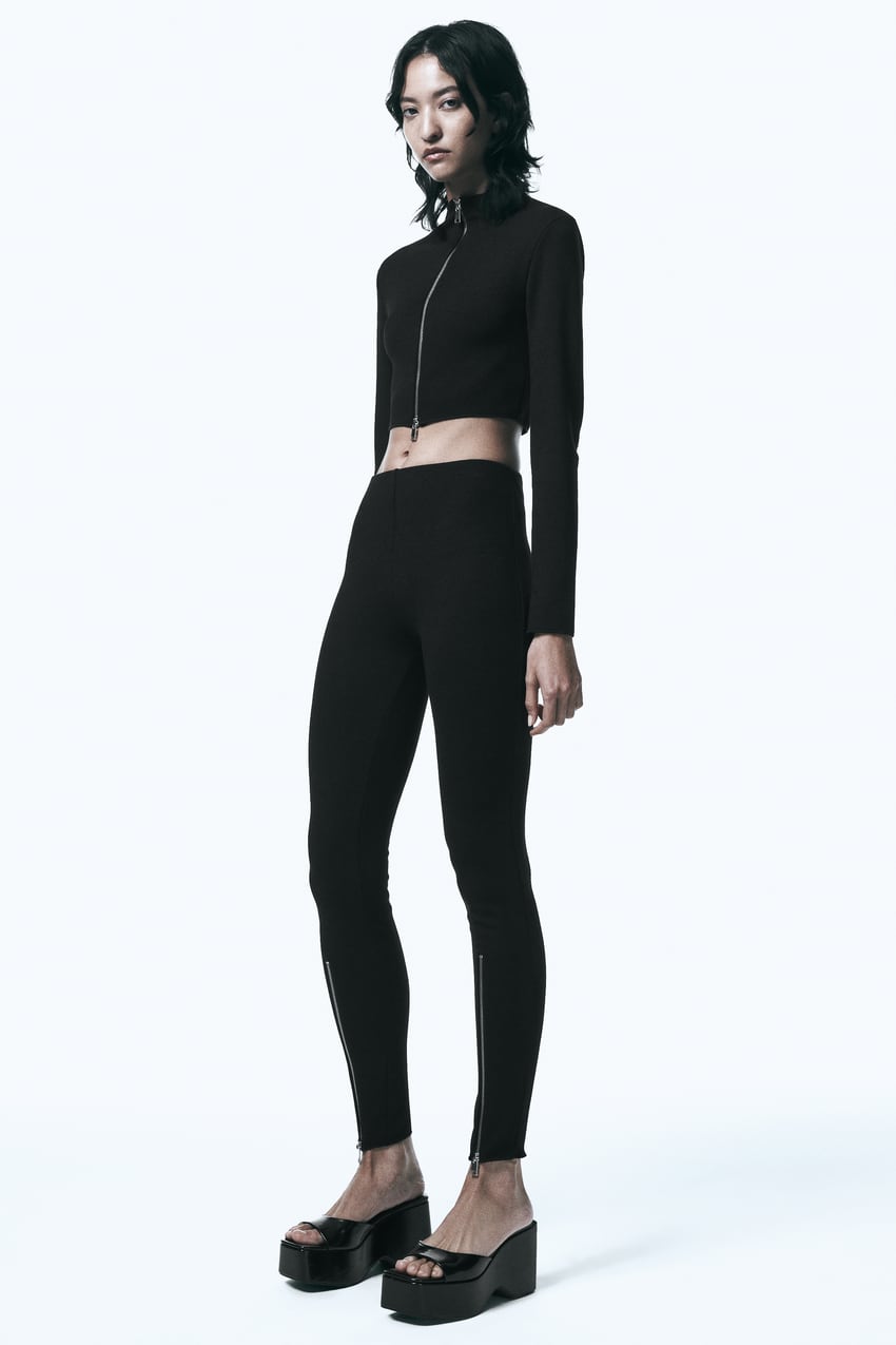 STRETCH KNIT LEGGINGS WITH ZIPS - Black