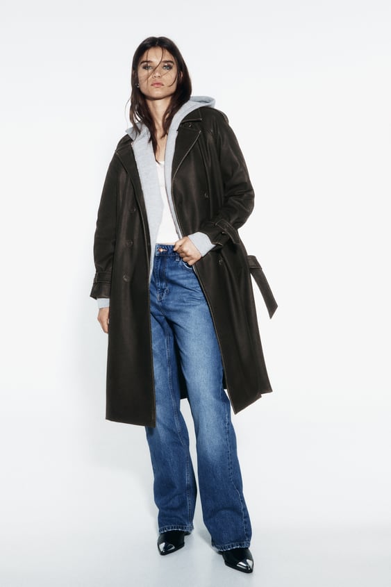 Zara - Distressed Faux Leather Trench Coat - Black - Women