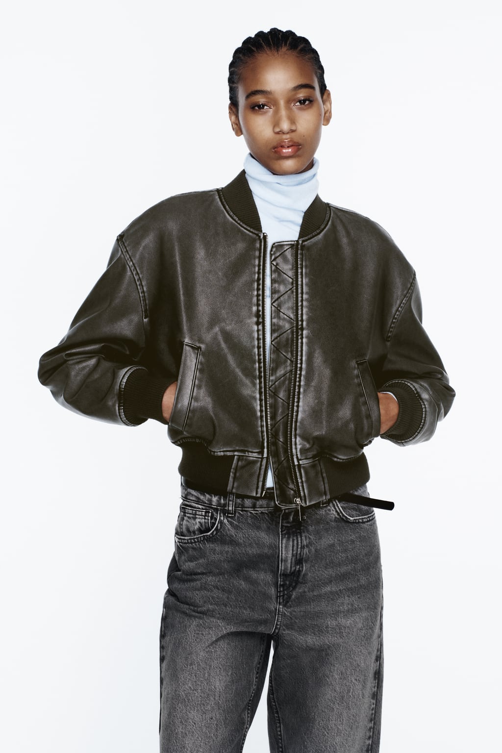 DISTRESSED FAUX LEATHER BOMBER JACKET