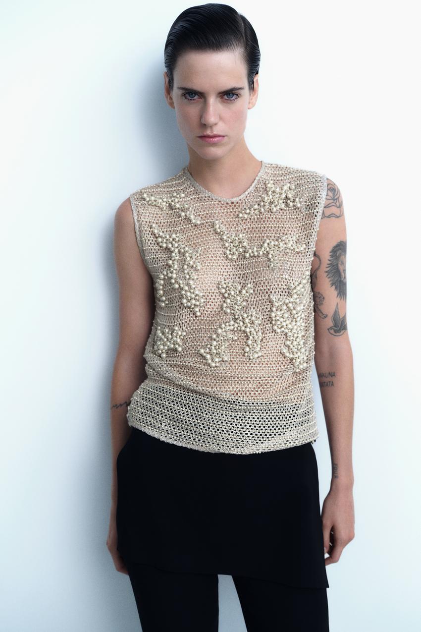 Zara knit top with faux pearls Clearance