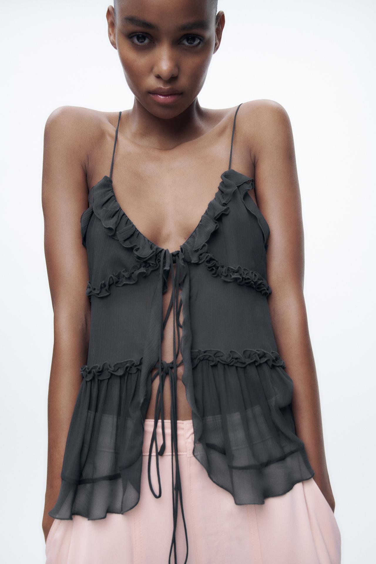 Zara anthracite Semi-sheer top with a round neckline and thin straps. Ruffle details in the same fabric. Lace-up front.