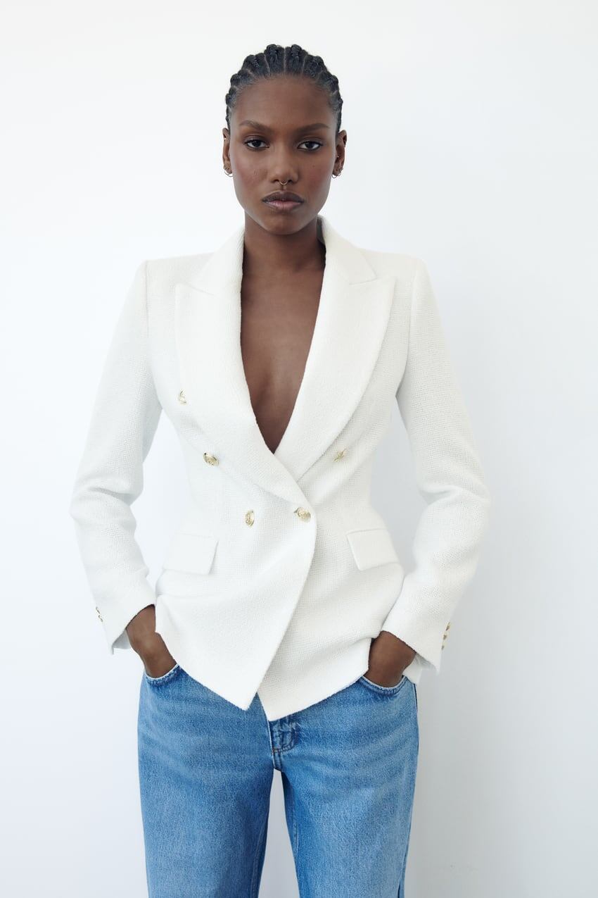 Zara - Double Breasted Textured Weave Jacket - White - Women