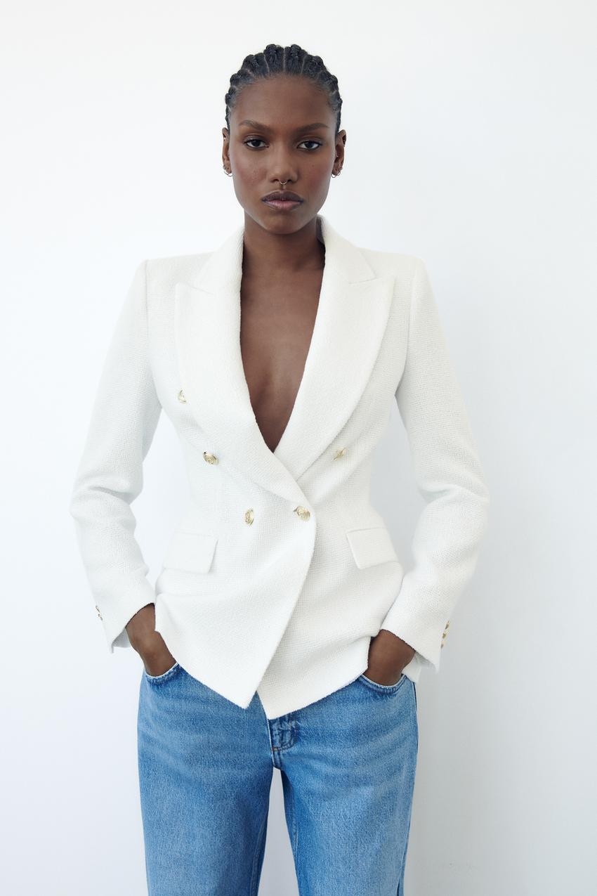 Zara - Double Breasted Textured Weave Jacket - White - Women