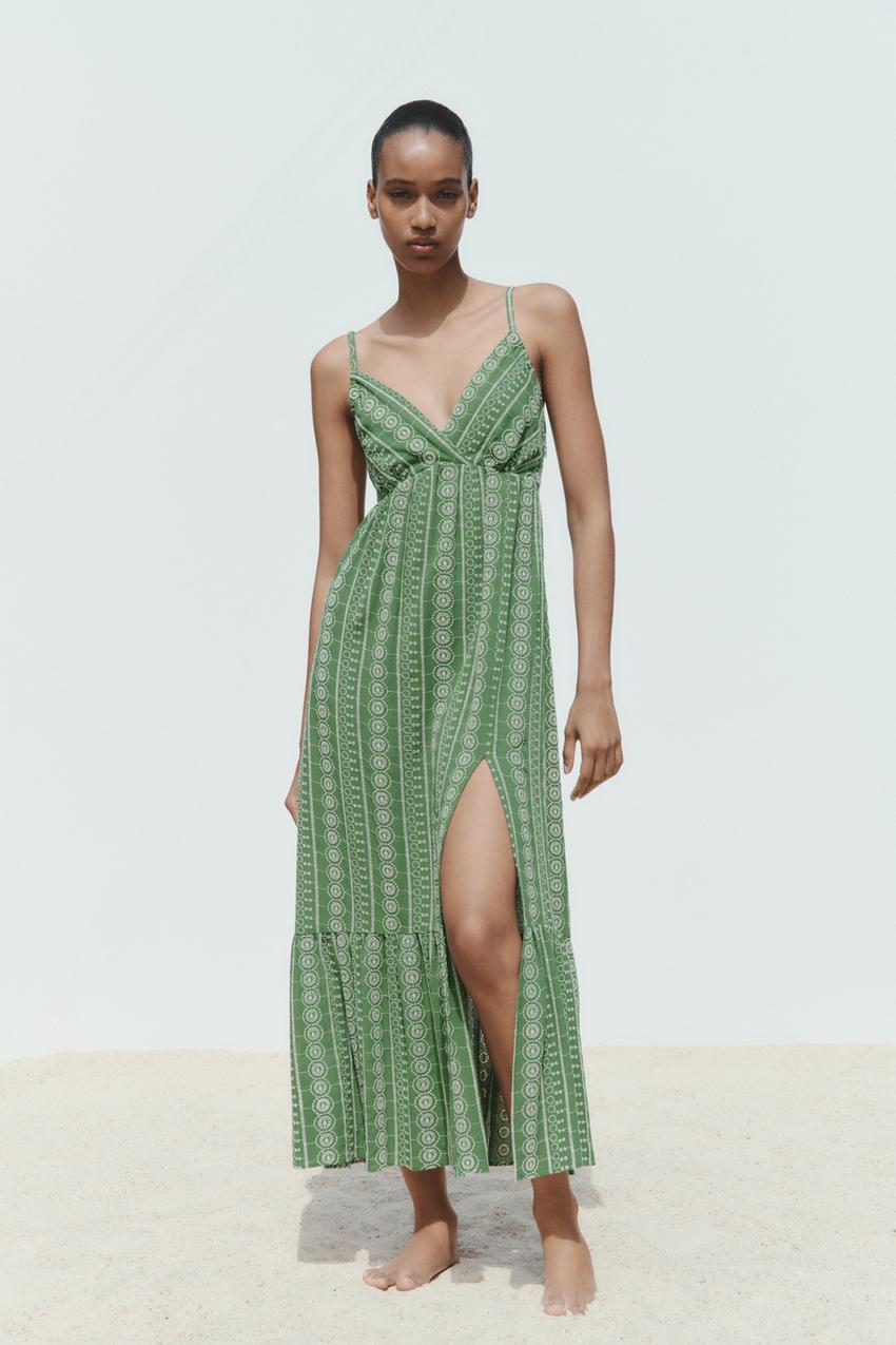 Zara embroidered dress green Outlet