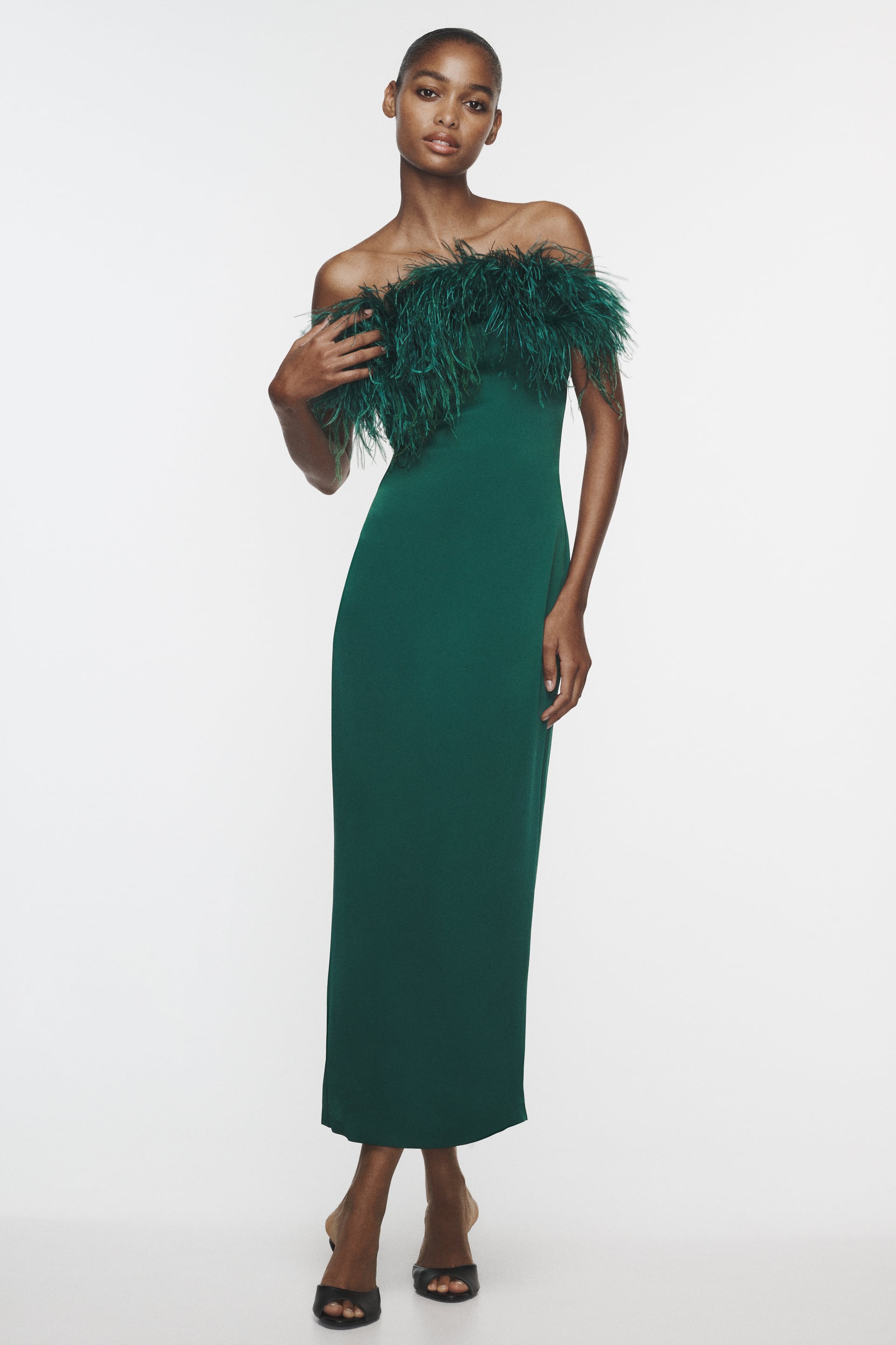 Satin Dress With Feathers - Bottle Green | Zara United Kingdom