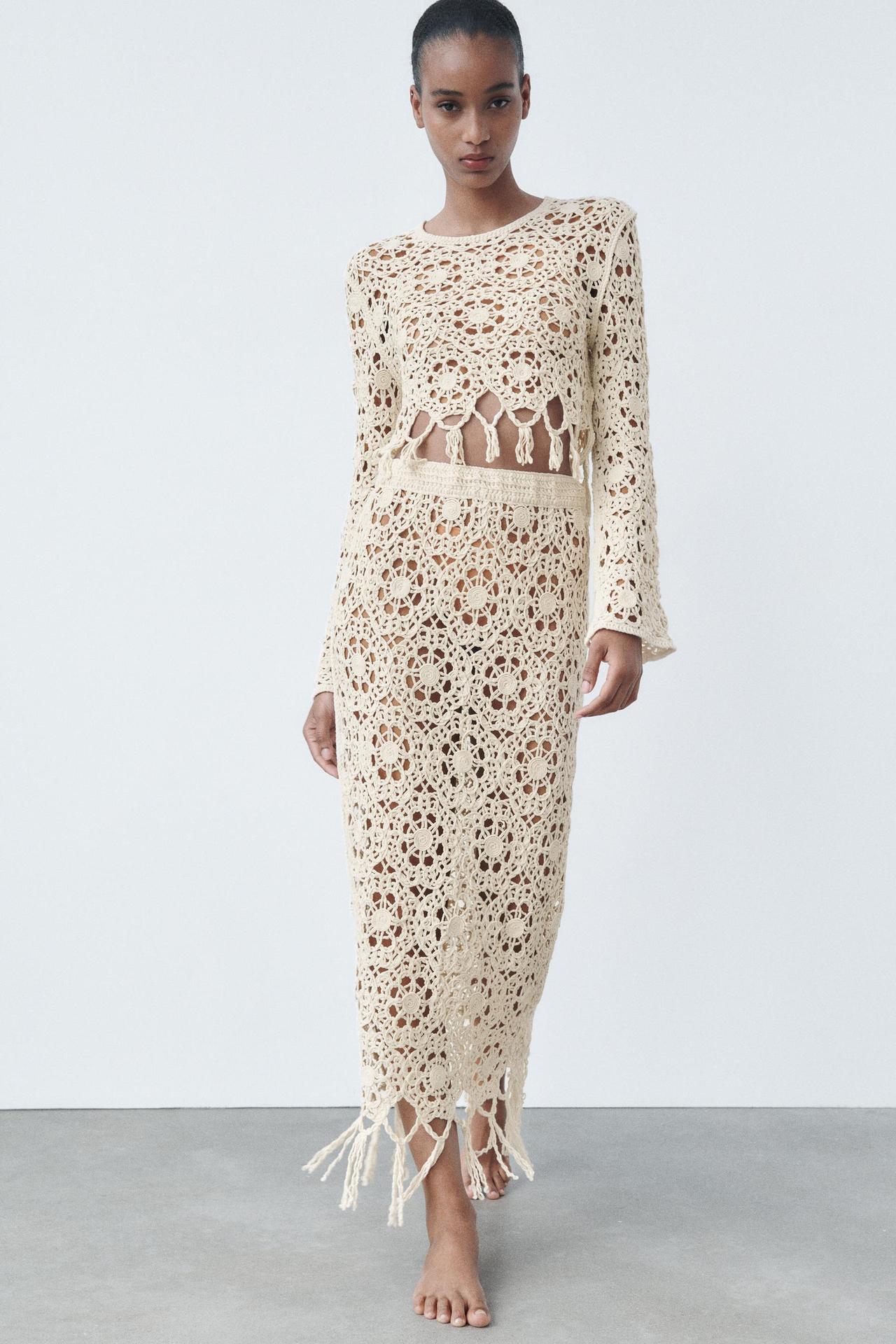 Zara cream LONG crochet KNIT maxi SKIRT WITH FRINGING.