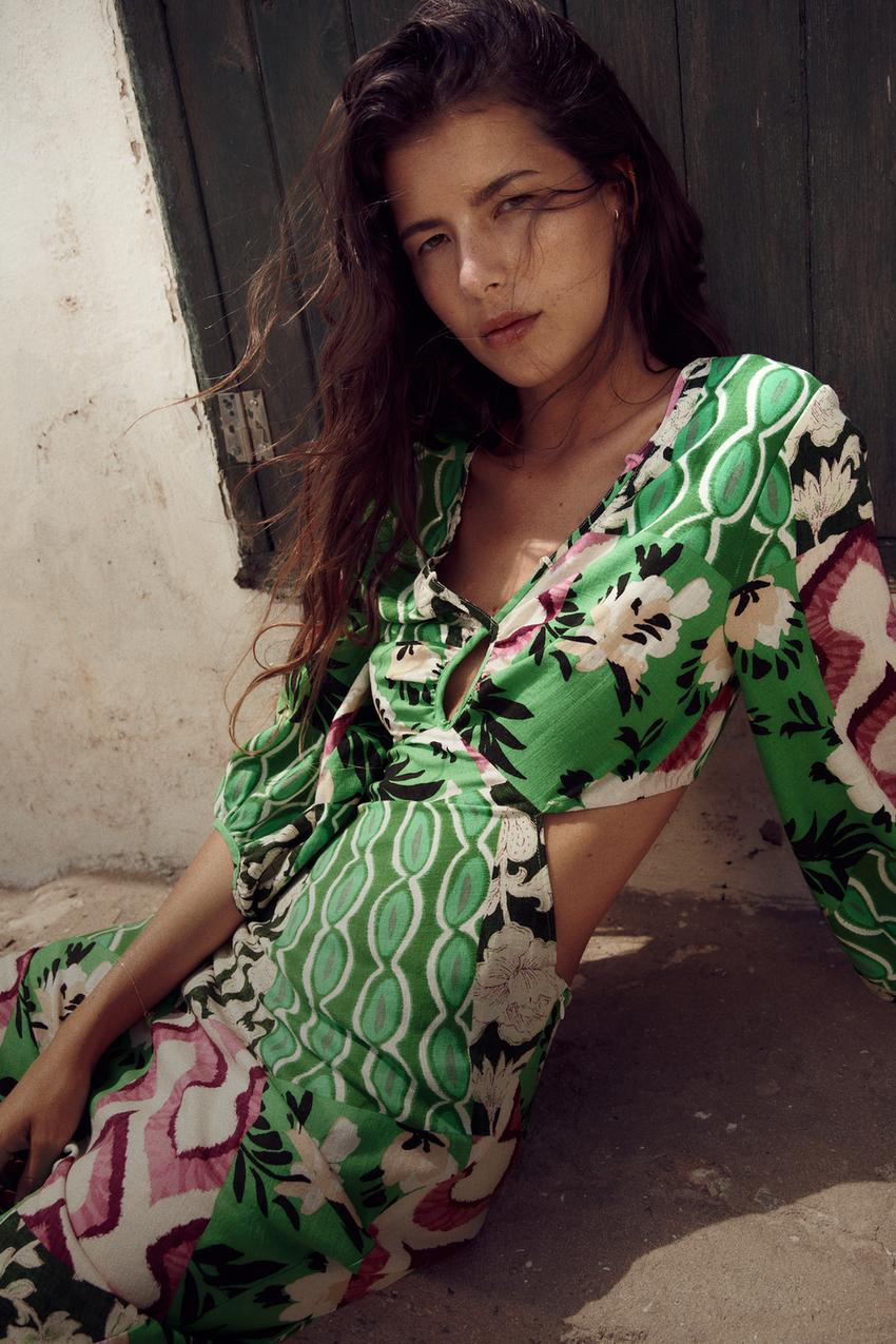 Linen blend print dress zara Clearance