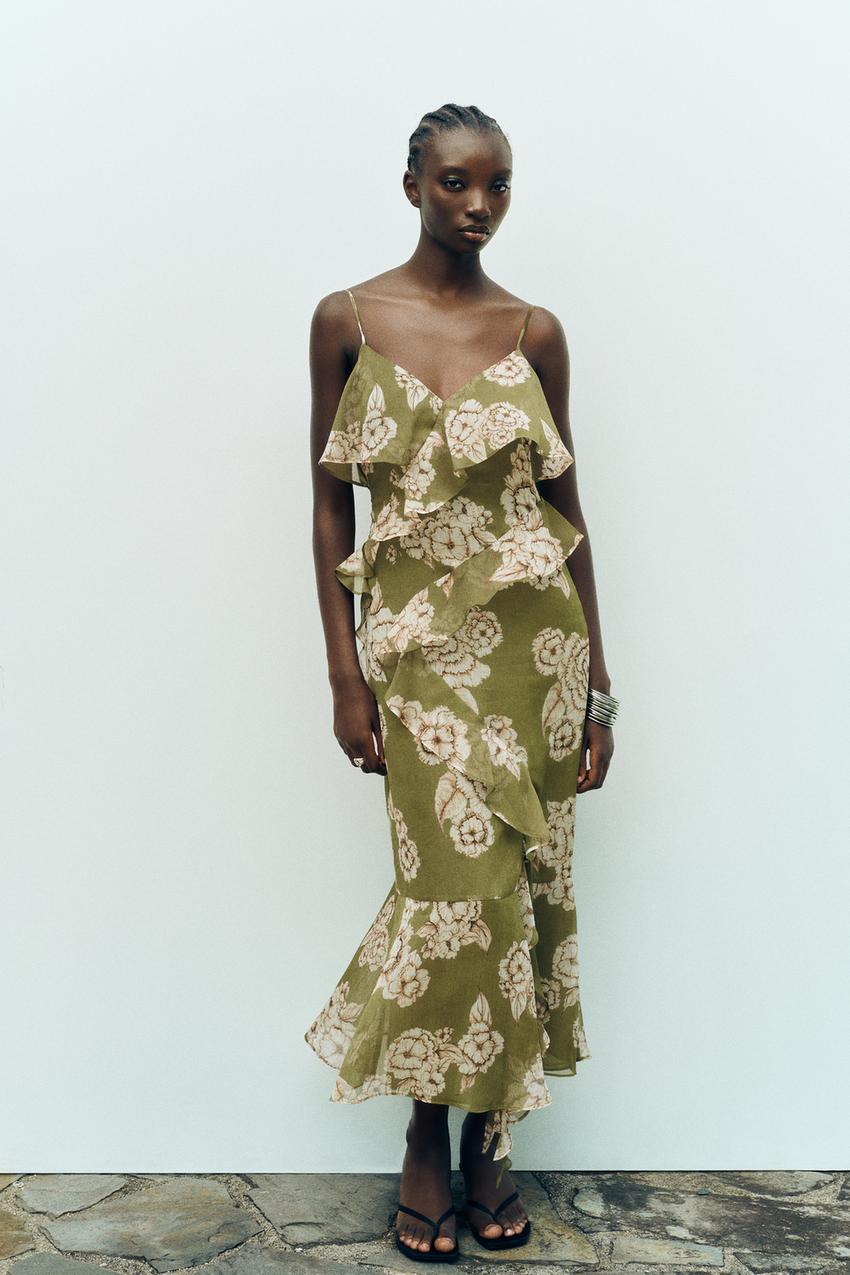 Zara floral print dress ecru Clearance