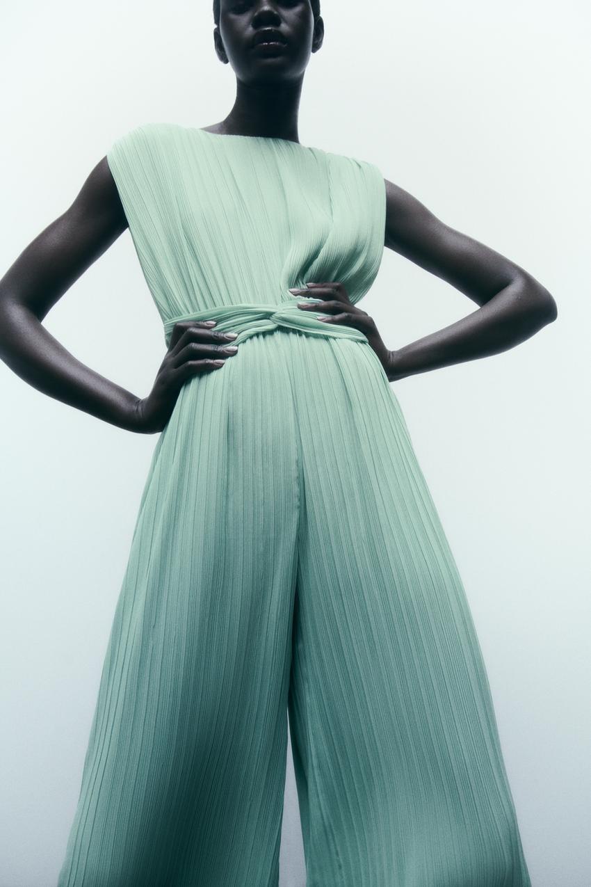 Zara green pleated jumpsuit Clearance