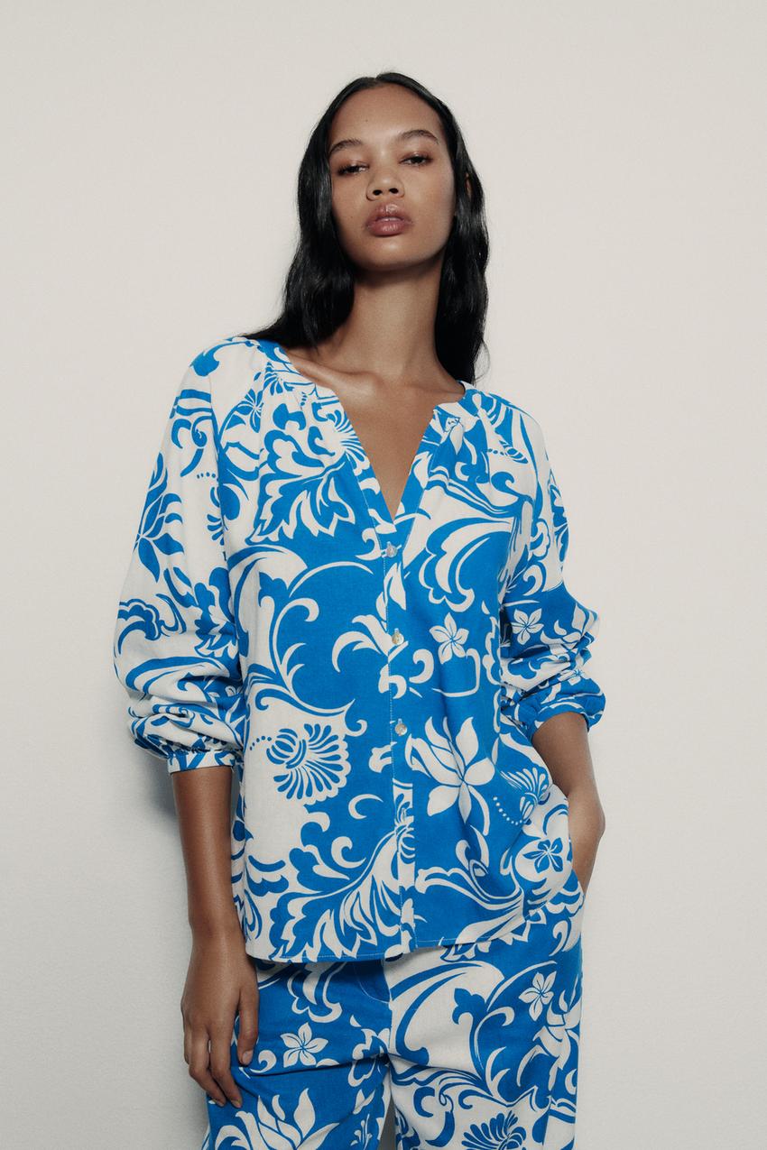 Printed linen blend shirt zara Clearance